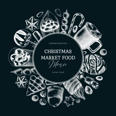 Christmas food background. Christmas market design template. Holiday menu wreath on chalkboard. Sweet food, pastries, candies and hot drink sketches. Hand drawn vector illustration.